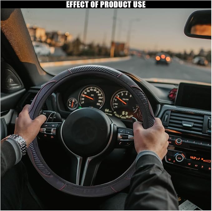 Car Steering Wheel Cover, 15 Inch Carbon Fiber Leather Elastic Steering Wheel Protector, Anti-Slip, Breathable & Soft Car Interior Accessories Universal for Most Cars, Men & Women (Black)