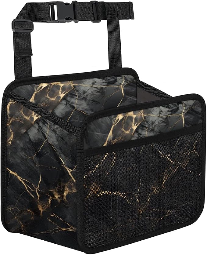 Car Backseat Organizer, PU Leather Back of Seat Cars Hanging Organizer with Pockets Leakproof Car Garbage Bag Hanging Cars Seat Storage Box Travel Accessories Foldable (Marble Black)