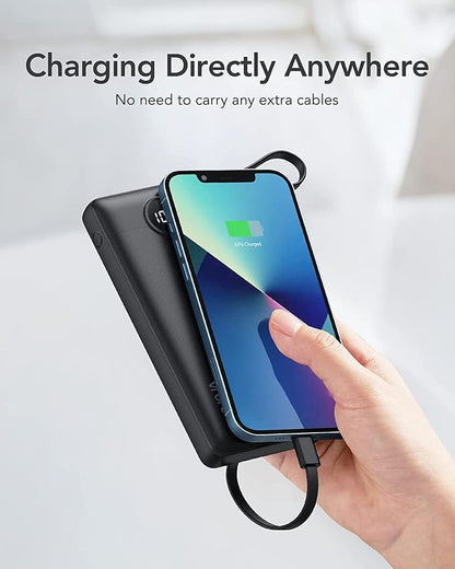 VRURC Portable Charger, Built-in 4 Cables Slim Power Bank 10000mAh, USB C Charging Bank with LED Display, Compact Travel Battery Pack with 5 Outputs for Multi Devices, Android-Black(1 Pack)