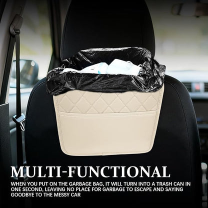 Car Seat Back Organizer, Leather Backseat Hanging Storage Bag, Multipurpose Car Hanging Trash Bag with 2 Compartments, Car Large Capacity Pouch Pocket for Kids & Adults (Beige)