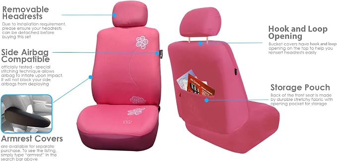 FH Group Car Seat Covers Floral Full Set Pink Automotive Seat Covers, Airbag and Split Rear Car Seat Cover Universal Fit Interior Accessories for Cars Trucks and SUV Car Accessories Car Seat Protector
