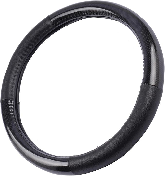 BDK Carbon Fiber Steering Wheel Cover White Vinyl with Fiber Accent - Black Carbon, 14.5-15 inch