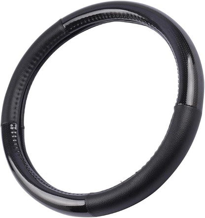 BDK Carbon Fiber Steering Wheel Cover White Vinyl with Fiber Accent - Black Carbon, 14.5-15 inch
