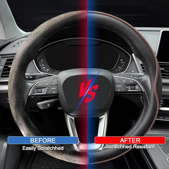 HAOTULE Leather Steering Wheel Cover， with Anti-Slip Stripe Design - Enhanced Grip, Fashion Style, Safe, Non-Slip, Breathable. Upgrade car Interior，Black Brown