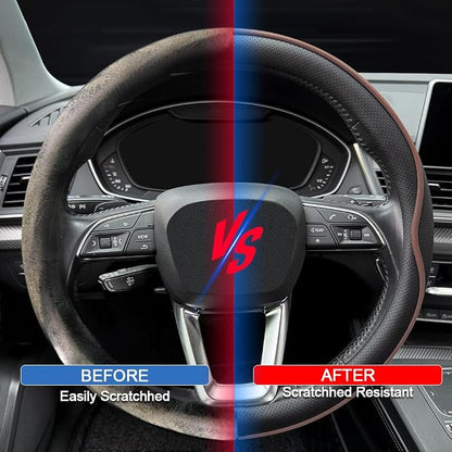 HAOTULE Leather Steering Wheel Cover， with Anti-Slip Stripe Design - Enhanced Grip, Fashion Style, Safe, Non-Slip, Breathable. Upgrade car Interior，Black Brown