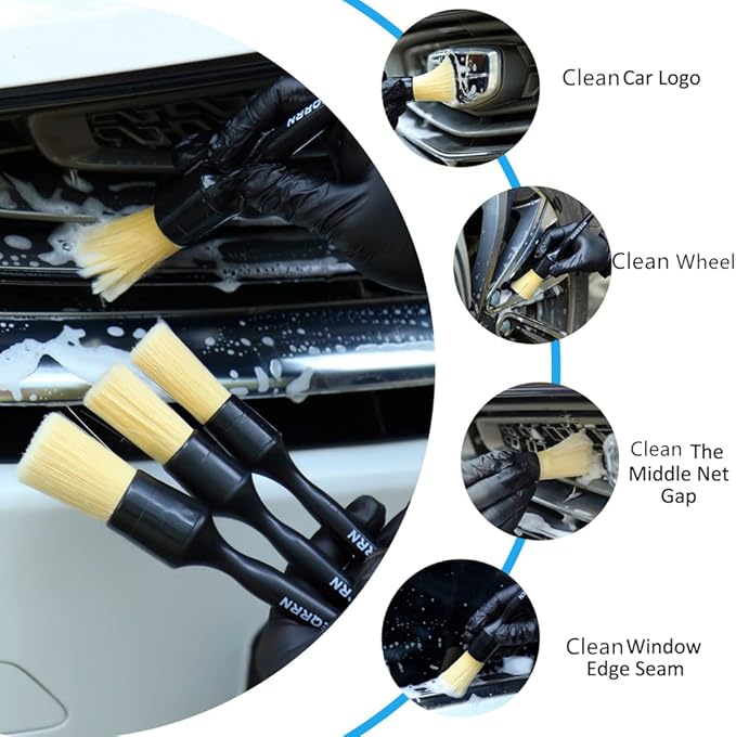 MVEQRRN 5pcs Car Detailing Brush Set, Boar Hair Car Detailing Brushes, Ultra Soft Scratch-Free Car Interior Detail Brush for Leather Seats,Detail Brushes Car Detailing for Interior Exterior.
