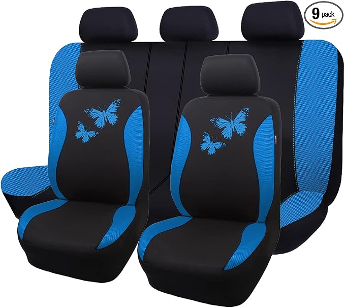 Flying Banner Butterfly car seat Covers ful Set Fashion Universal Lady Woman Female Rear Bench Split Colorized (Full Set, Blue)