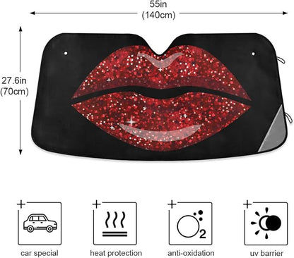 Woman Red Lips Glitter Car Windshield Sun Shade Foldable UV Ray Sun Visor Protector Sunshade to Keep Your Vehicle Cool (55" x 27.6")