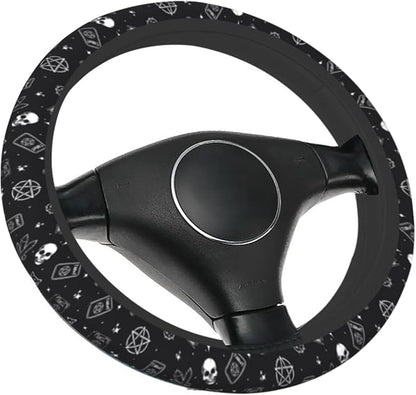 Gothic Skull Cat Steering Wheel Cover for Women, Cute Breathable Anti Slip Stretch Neoprene Car Protector Accessories Universal 15 Inch-Black (Tarot, Spell Book)