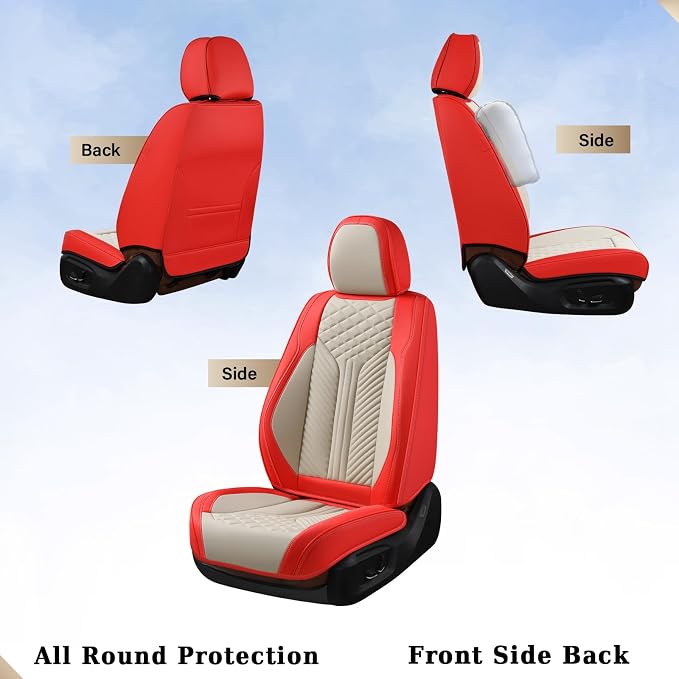 Coverado Leather Car Seat Covers Full Set, 5 Seats Seat Covers for Cars, Waterproof Car Seat Cushions, Front and Rear Seat Protectors Universal Fit Most Vehicles (Red&Beige)