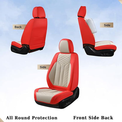 Coverado Leather Car Seat Covers Full Set, 5 Seats Seat Covers for Cars, Waterproof Car Seat Cushions, Front and Rear Seat Protectors Universal Fit Most Vehicles (Red&Beige)