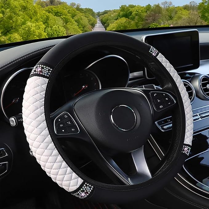 Microfiber Leather Steering Wheel Cover with Anti-Slip Lining Universal Car Accessory for Steering Wheel with a Diameter of 14.5-15 inch (White)