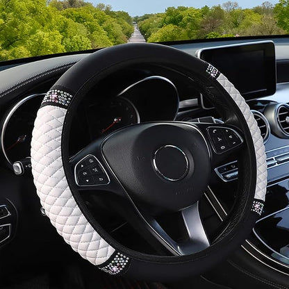 Microfiber Leather Steering Wheel Cover with Anti-Slip Lining Universal Car Accessory for Steering Wheel with a Diameter of 14.5-15 inch (White)