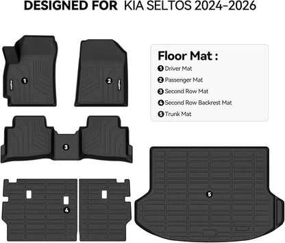 Floor Mats for Kia Seltos 2024 2025 2026, Trunk Mat and Backrest Mat All Weather TPE Protector for Kia Seltos Accessories