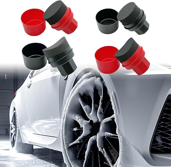 Wheel Tire Sponge Brush for Car Polishing and Waxing with Protective Lid, Featuring Curved and Flat Shape Applicators (Red trim)