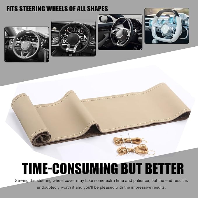 Wevdn Genuine Leather Steering Wheel Cover, Stitch on Wrap, DIY Sewing Steering Wheel Protector, 15 Inch Breathable Non-Slip Steering Wheel Protector, Car Accessories (Beige, Glossy)
