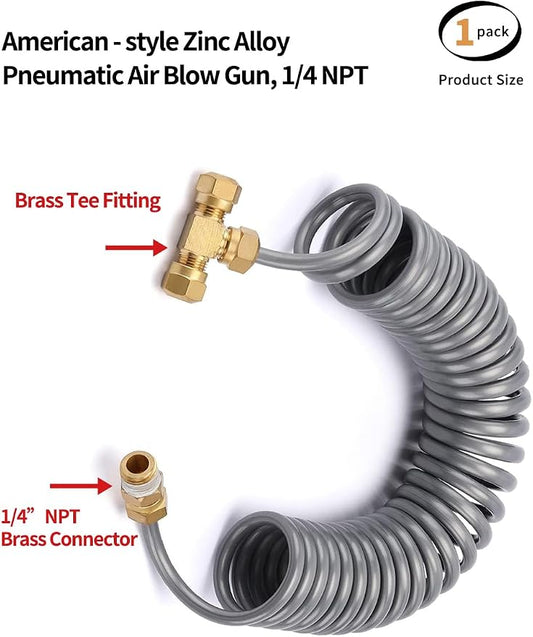Gray Heavy Duty Air Seat Blow Gun Kit for Truck, 1/4 Inch × 11.5 Feet PU Coil Air Hose, Lever Air Duster Blow Gun Cleaning with 2 Nozzle Tips，Coil Air Hose Brass Compression Fittings Connect