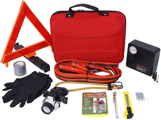 Roadside Emergency Kit with Air Compressor, 12ft Jumper Cables, LED Headlight, First Aid, Tool Set & EVA Carry Case, All-in-One Car Safety Kit for Cars & Trucks, Red