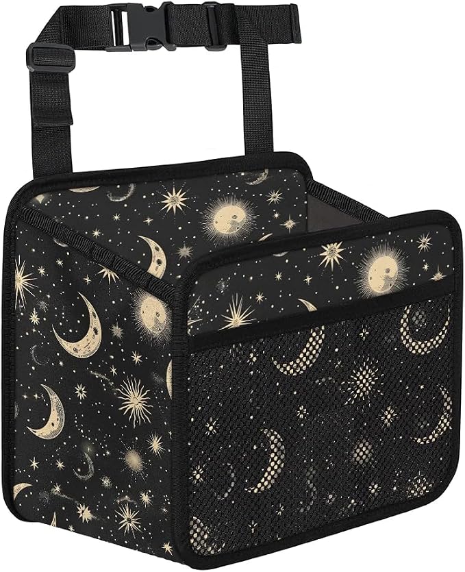 Car Backseat Organizer, PU Leather Back of Seat Car Hanging Organizer with Pockets Leakproof Car Garbage Bag Hanging Car Seat Storage Box Travel Accessories Foldable (Moon & Stars Black)