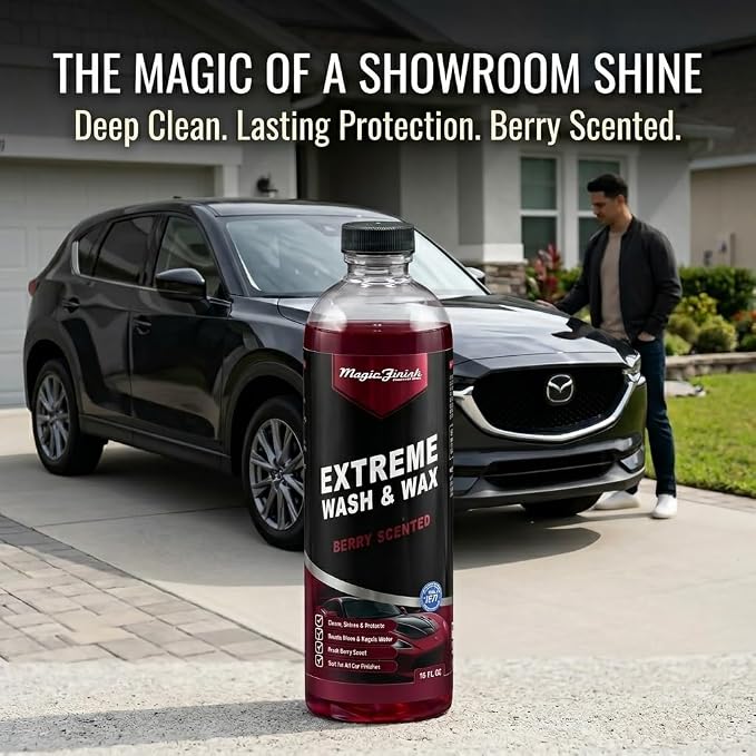 Magic Finish Extreme Berry Car Wash Soap & Wax – Multi-Surface Protective Formula for High-Gloss Shine – Hydrophobic 3-in-1 Formula for Streak-Free Cleaning – 16oz Concentrated Car Soap Wash and Wax