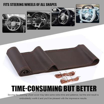 Wevdn Genuine Leather Steering Wheel Cover, Stitch on Wrap, DIY Sewing Steering Wheel Protector, 15 Inch Breathable Non-Slip Steering Wheel Protector, Car Accessories (Coffee, Glossy)