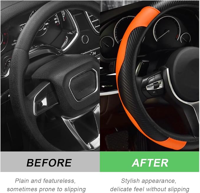 DXNQ Car Steering Wheel Cover, 15 Inch Carbon Fiber Leather Stitching Color Steering Wheel Protector, Anti-Slip Elastic Breathable Steering Wheel Cover Stylish Decor for Most Cars (Orange)