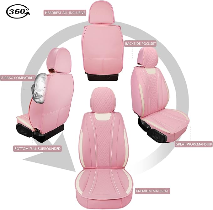SanQing Car Seat Covers Full Set, Super Luxurious Heavy Duty Waterproof Leather Automotive Vehicle Cover for Cars SUV Pick-up Truck, Universal Non-Slip Seat Car Accessories (Full Set/Pink)