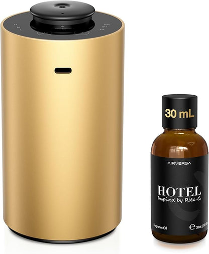 Waterless Essential Oil Diffuser Starter Kit with 30mL Hotel Scent Fragrance Oil Inspired by Ritz-C., Battery Operated Premium Portable Mini Scent Air Machine for Home Car Office, Gold ANX