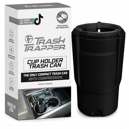 Trash Trapper Car Trash Can Cup Holder | Mini Car Trash Can | Fits in Most Doors | 5.1" x 2.9" | Traps More & Empties Less, Patent-Pending Compaction, Holds Weeks of Small Garbage, Black/Grey