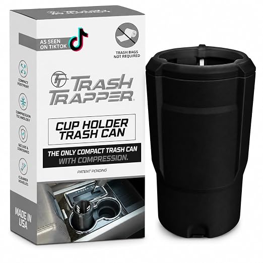 Trash Trapper Car Trash Can Cup Holder | Mini Car Trash Can | Fits in Most Doors | 5.1" x 2.9" | Traps More & Empties Less, Patent-Pending Compaction, Holds Weeks of Small Garbage, Black/Grey