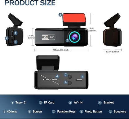 4K Dash Cam, Front and Rear Dual Dash Camera for Cars with 64GB Card, 5.8GHz WiFi, 360° Swivel Rear Camera, App Control, WDR, G-Sensor, Night Vision, Loop Recording, Parking Mode