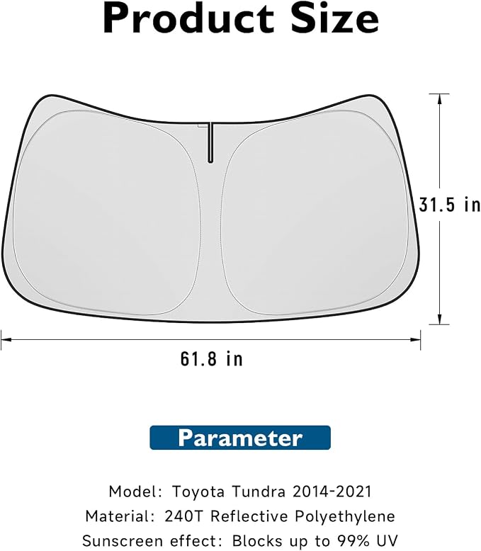 BIBLOZ Car Windshield Sun Shade for Toyota Tundra 2007-2021 Accessories Foldable PET Sunshade Keeps The Car Cool Inside