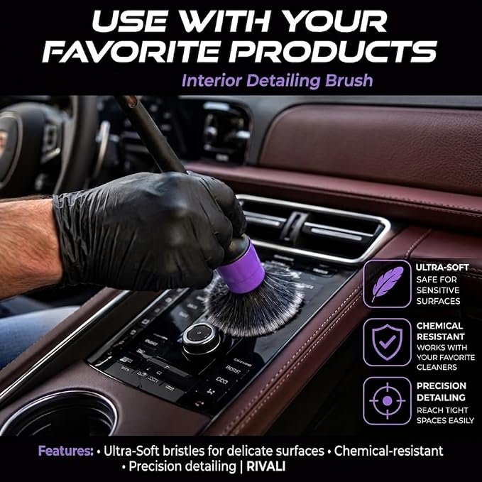 Rivali Car Care Premium 5-Piece Interior Detailing Brush Set - Ultra Soft Scratch-Free Brushes for Leather, Alcantara, Dashboards, Air Vents & Screens - Professional Car Interior Cleaning Kit