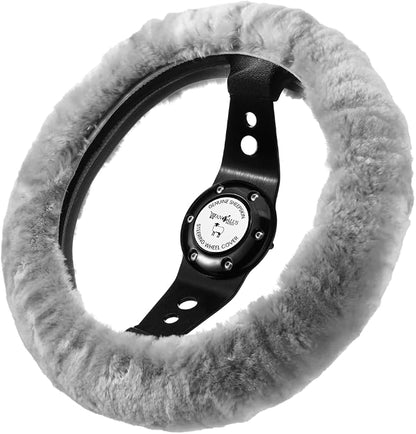 Andalus Brands Luxury Fluffy Car Steering Wheel Covers – Genuine Merino Sheepskin, Soft Fuzzy Car Steering Wheel Cover for Women, Universal 14.5-15" Size, Plush Fur Cute Auto Accessories, Gray