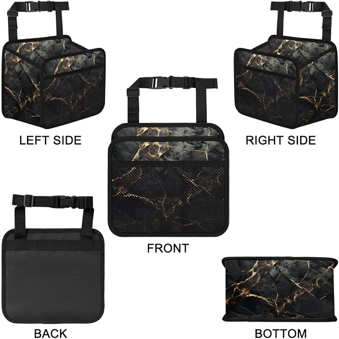 Car Backseat Organizer, PU Leather Back of Seat Cars Hanging Organizer with Pockets Leakproof Car Garbage Bag Hanging Cars Seat Storage Box Travel Accessories Foldable (Marble Black)