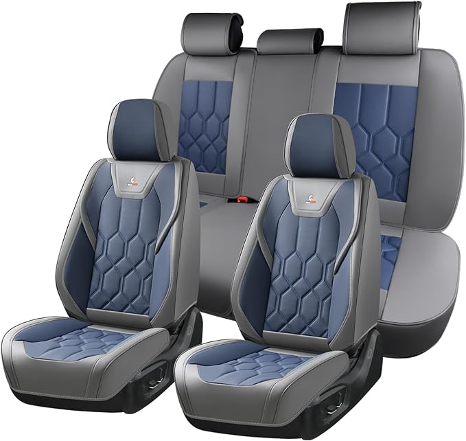Huidasource Seat Covers Full Set, Universal Fit for Most Cars SUVs Trucks, Full Coverage Leather Seat Cover, Airbag, Cupholder Compatible, Seat Function Retain, Easy Install with Velcro, Gray&Blue
