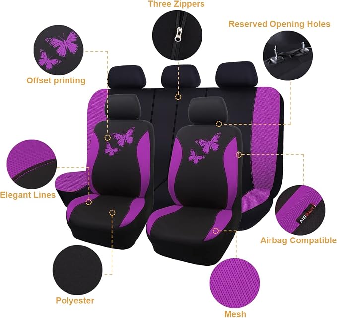 Flying Banner Butterfly car seat Covers ful Set Fashion Universal Lady Woman Female Rear Bench Split Colorized (Full Set, Purple)