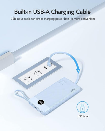 VRURC Portable Charger for iPhone, Built in Cables & Lanyard Power Bank 10000mAh, Compact USB C Charging Bank 5 Outputs for Multi Devices,Travel Essential for Hiking Camping Business Cruise Ship-Blue