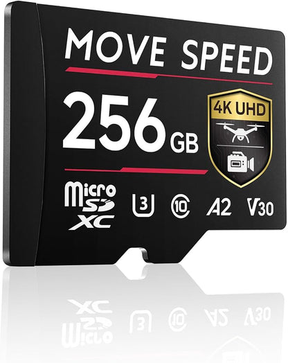 MOVE SPEED 256GB Professional microSDXC Memory Card, U3 V30 A2, Up to 170MB/s Read, 4K UHD Recording, High-Speed TF Card for Cameras, Drones, Dash Cams, Android & Handheld Gaming