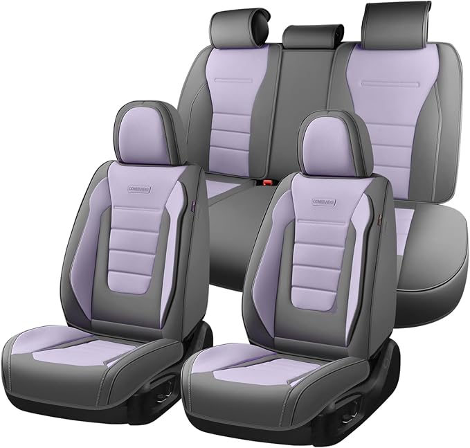 Coverado Car Seat Covers Full Set, Nappa Leather Seat Covers for Cars, Car Seat Protector Car Seat Cushion, Front and Back Seat Protectors Cushions Universal Fit for Most Cars Vehicles(Gray&Purple)
