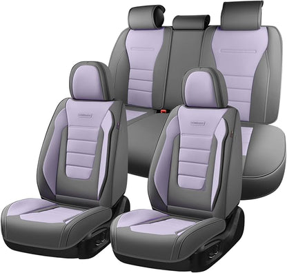 Coverado Car Seat Covers Full Set, Nappa Leather Seat Covers for Cars, Car Seat Protector Car Seat Cushion, Front and Back Seat Protectors Cushions Universal Fit for Most Cars Vehicles(Gray&Purple)