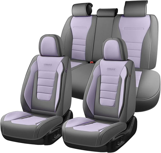 Coverado Car Seat Covers Full Set, Nappa Leather Seat Covers for Cars, Car Seat Protector Car Seat Cushion, Front and Back Seat Protectors Cushions Universal Fit for Most Cars Vehicles(Gray&Purple)