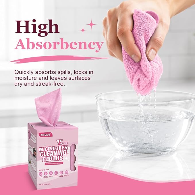 UNIMADE Microfiber Cleaning Cloth, 75 Sheets Microfiber Towels for Cars Commercial Grade Washcloths Lint-Free Bulk Shop Towel Cleaning Rags for Household Restaurant Garage Housekeeping, 11"x 9", Pink