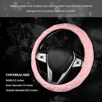 Bling Car Steering Wheel Cover, 15 Inch Diamond Leather Anti-Slip Auto Steering Wheel Protector, Cute Sparkly Rhinestones Wheels Cover Automotive Decoration for Women Girl (Pink)
