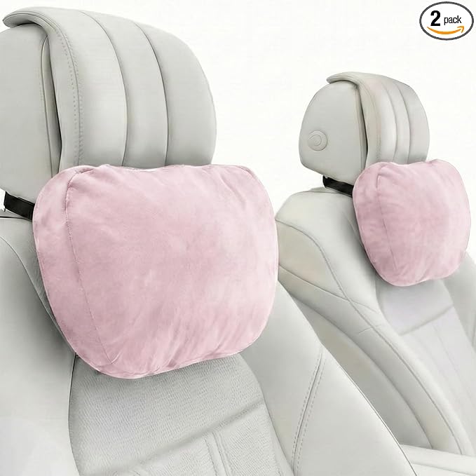 2PCS Car Pillow for Car Neck Pillow for Driving Seat Neck Support Soft Cushion Back Support Head-Rests for Vehicle Sleeping with Elastic Adjustment Strap (Light Pink, Head)