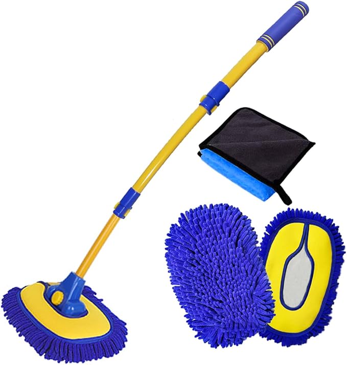BMLEI Car Wash Brush with Long Handle, Microfiber Towels Car Wash Kit Cleaning Supplies, Car Wash Mop Mitt with 2 Replacement Head , Extension Pole Car Brush Cleaning Kit for Cars Trucks(Blue)