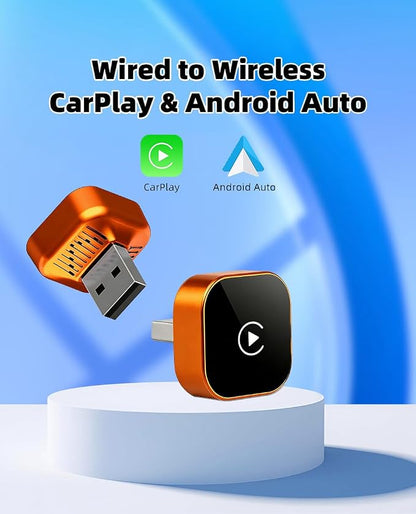 2026 Upgraded Wireless CarPlay & Android Auto Adapter – Convert Wired to Wireless, Plug & Play Compact USB Dongle, Fast Stable Auto Connect, Compatible with iPhone & Android (Orange Square USB)