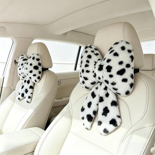 Sexysamba 2 Pcs Plush Bow Car Headrest Neck Pillow Cute Bow Pillow for Car Seat Décor Soft Neck Support for Comfortable Driving Traveling Office Fluffy Head Rest Cushion, Black Spot
