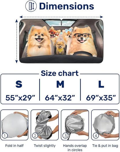GENANY Pomeranian Windshield Sun Shade for Car SUV Truck (64x32 Inches), Automobile Sunshade, Protector Blocks UV, Car Decor