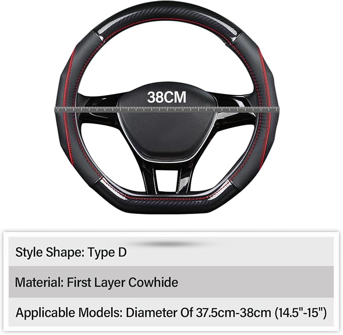 Ergocar Car Steering Wheel Cover Non-Slip Car Steering Wheel Protector Sport D-Shape Carbon Fiber & First Layer Cowhide Universal for Diameter 38cm(15") (D-Black-red)
